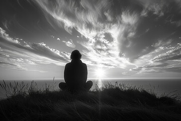 Poster - Black and white silhouette of a person against a vibrant sunset sky. Concept of solitude and contemplation. Generative Ai.