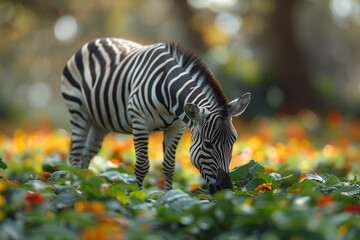 Wall Mural - Contrast of a black and white zebra grazing in a lush green field. Concept of wildlife and natural habitats. Generative Ai.