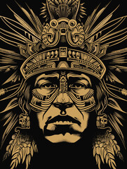 Wall Mural - A man wearing a headdress with feathers and a skull on it. The man's face is drawn in a way that makes him look sad