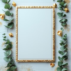 Wall Mural - Elegant gold-framed blank white canvas surrounded by green leaves and geometric gold decor on light wooden background