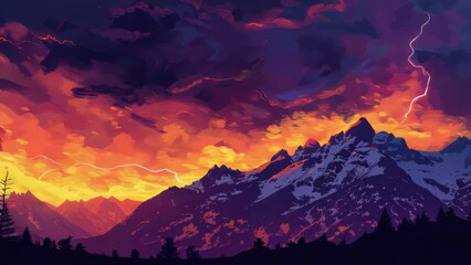 Wall Mural - a mountain landscape with a lightning bolt in the sky, suitable for use in weather or nature-themed 