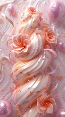 Wall Mural - Elegant Abstract Art Featuring Whipped Cream Textures with Flowing Ribbons and Roses in Pastel Shades for Visual Indulgence