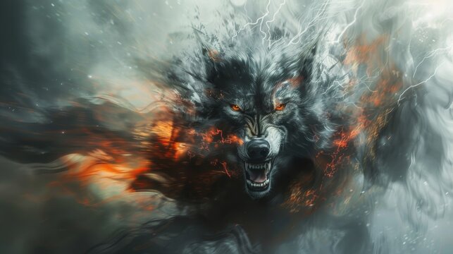 A wolf with glowing eyes and fire coming out of its mouth, AI