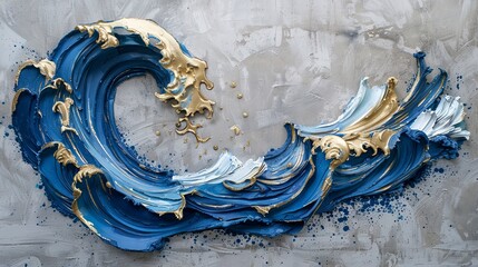 Volumetric abstract blue sea waves on a concrete wall with gold elements.