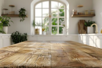 Wall Mural - Close-up of a wooden kitchen table in a bright, sunlit country-style kitchen with plants and natural decor..