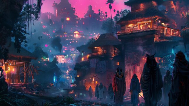 Tribal village with advanced technology, Cyberpunk, Earthy and neon tones, Digital painting, Blending tradition with future tech
