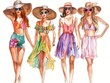 © Lazylizard - Fashionable illustration of four women dressed in summer outfits with stylish sunhats and sunglasses, exuding confidence and trendiness..