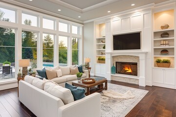 Wall Mural - Beautiful living room interior with hardwood floors and fireplace in new luxury home.