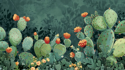 Canvas Print - Blooming cactus garden watercolor painting illustration background wallpaper