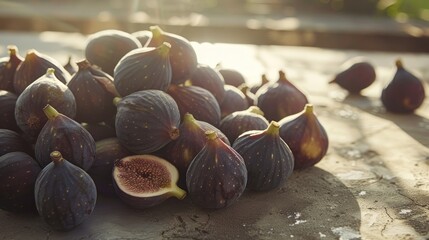 Sticker - Fresh figs piled on a light brown surface