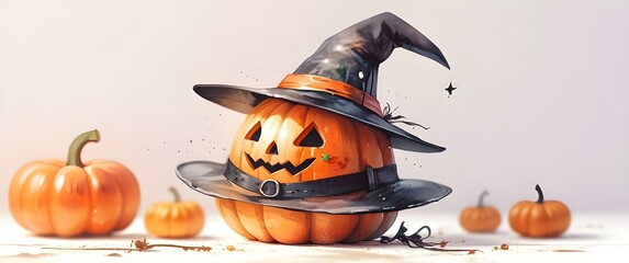 Wall Mural - Beautiful Halloween pumpkin watercolor painting. Halloween pumpkin and witch hat. Generative AI