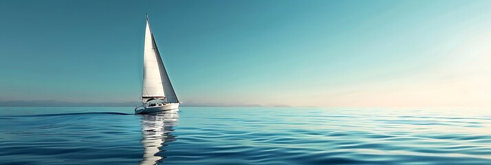 sailing boat gliding on calm sea with beautiful coastline in the background, reflected in the clear blue sky