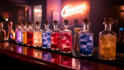 Wall Mural - Colorful ice cubes in glass bottles on bar counter at night