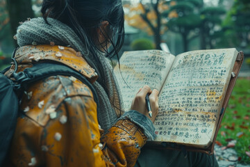 Poster - A person sketching in a notebook while sitting in a park. Concept of creativity and peacefulness. Generative Ai.