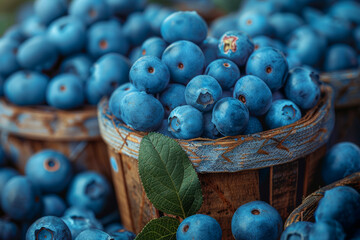 Canvas Print - A bushel of plump blueberries freshly picked from the fields, their dusky blue hue evoking the essence of summer. Concept of blueberry patch bounty. Generative Ai.