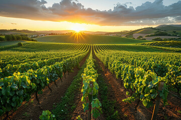 Poster - A verdant vineyard stretching to the horizon, rows of grapevines heavy with clusters of plump fruit awaiting the harvest. Concept of vineyard abundance. Generative Ai.