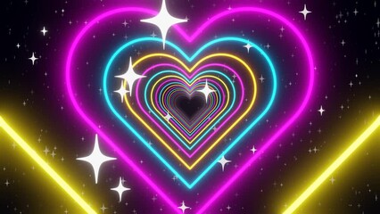 Wall Mural - 3d Neon glowing abstract rainbow pink blue yellow heart tunnel in LGBT Pride colors. Disco music party Valentines day celebration. Retro y2k cyber futuristic background. Animation loop 30fps 4k