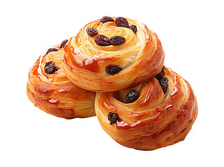 Pain au raisin stacked and glazed with dark raisins.