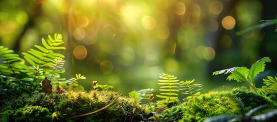 Wall Mural - Beautiful nature background with moss and ferns in a forest, sunlight and bokeh effects
