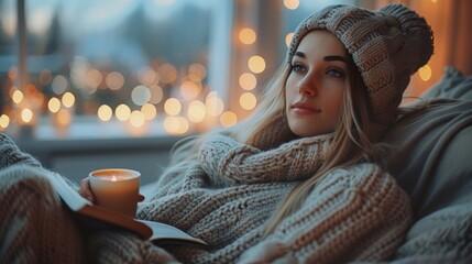 Poster - A woman in a sweater and hat reading while sitting on the couch, AI