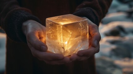 Wall Mural - A person holding a small cube of ice in their hands, AI