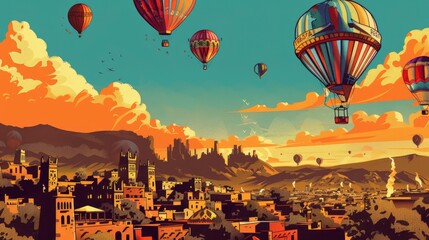  Albuquerque with hot air balloons and city, retro comic book covers, mild brilliance flows through liquid veins