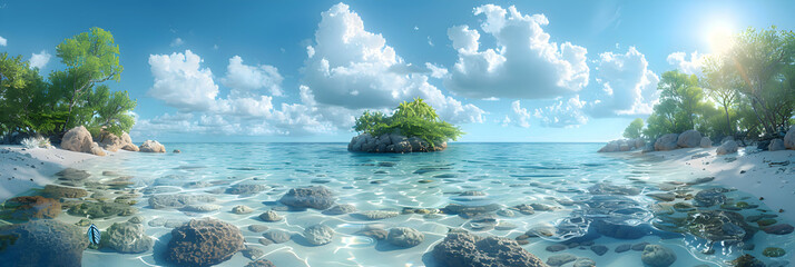 A panoramic view of a nature atoll, the cluster of islands creating a picturesque scene