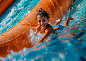 Water Park Adventure. Wide-angle photo of a kid swimming in a vibrant water park-themed setting. Fun-filled aquatic excitement concept. 
