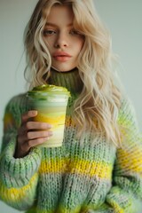 Wall Mural - Vibrant Morning with Woman in Green Sweater and Smoothie