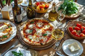 Wooden table set with traditional Italian food - pizza, tomato, cheese and wine. Celebration Day in Italy