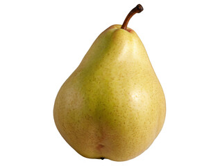 A single ripe pear, with a visible stem and fresh skin texture, symmetrically placed on a transparent, png, white background