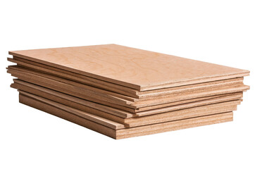 A neat stack of plywood sheets with visible wood grain is displayed on a white background in png format, suitable for construction concepts