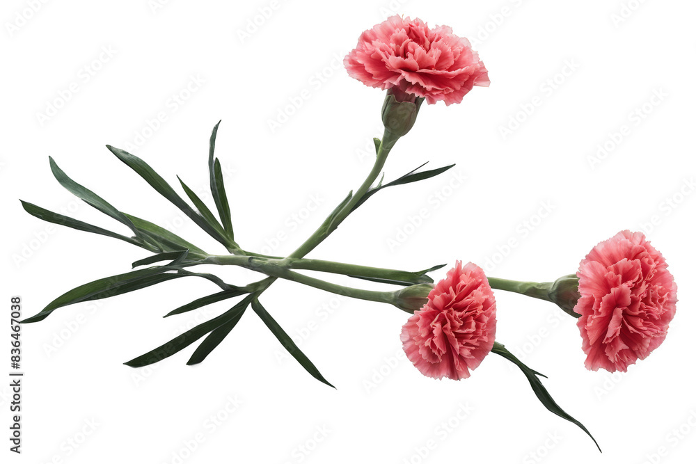 Pink carnation flowers with green leaves, beautifully presented on a ...