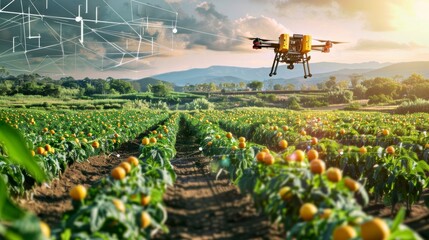 Poster - An advanced agricultural field with drones flying overhead, sensors placed throughout the soil, and farmers analyzing data on tablets, illustrating the power of precision agriculture