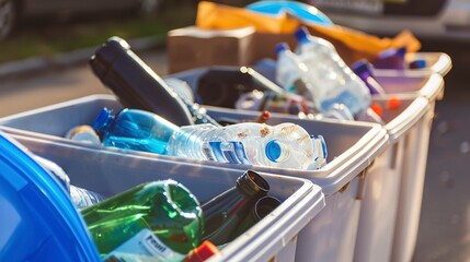 Sticker - Household recycling bins, assorted materials, close view, sharp afternoon light 