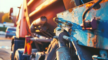 Wall Mural - Close-up of waste collection truck, detail of mechanism, sharp focus, morning light