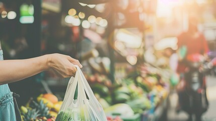 Sticker - Hands holding a reusable shopping bag filled with groceries, background of a busy market, soft focus, daylight. --