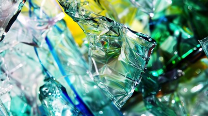 Wall Mural - Close view of a crushed plastic bottle in a recycling device, dynamic angle, vibrant colors, high detail. 