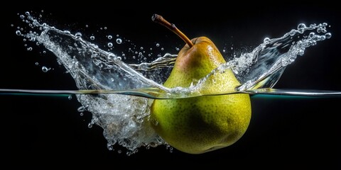 A pear with water droplets and half submerged in water on a black background - Generative AI
