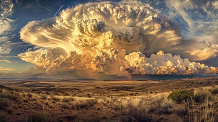 Sticker - Cloud formations create a striking scene over an expansive desert terrain