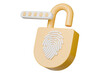 © Theeraphat - 3d Fingerprint yellow padlock icon isolated on blue background. Biometric verification. Touch ID fingerprint. Minimal Fingerprint icon. Account identity privacy secure personal data concept. 3d render