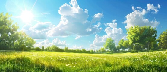 Beautiful summer landscape with a blue sky, white clouds and a green grass meadow in a forest on a sunny day. Panoramic view of a natural scene.