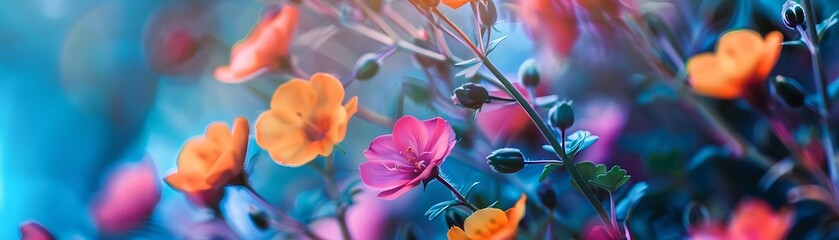 Wall Mural - close - up of vibrant botanical flowers in bloom, featuring orange and yellow, pink, and purple blooms, with a green leaf in the foreground