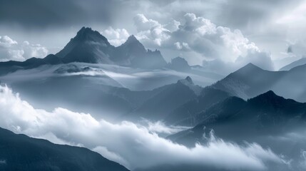 Wall Mural - an ethereal scene with the gentle soft clouds appearing as if on a canvas hovering above a range of 