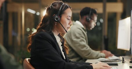 Poster - Typing, customer service and woman with headset for call center, telemarketing and crm communication. Agent girl, sales consultant and discussion for client support and contact us with online advice