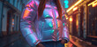 © bee - closeup of woman in iridescent jacket with neon reflections