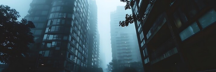 foggy city street with silhouette of buildings and trees under a white sky