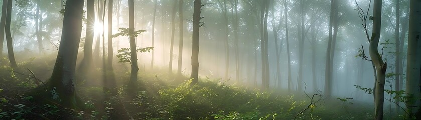 Wall Mural - foggy forest with sun rays breaking through trees