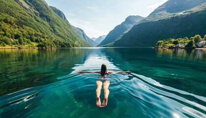 A woman is swimming in a lake surrounded by mountains