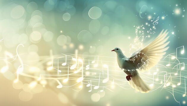 Abstract wave dove silhouette musical notes and shining lights, colorful bright light effect